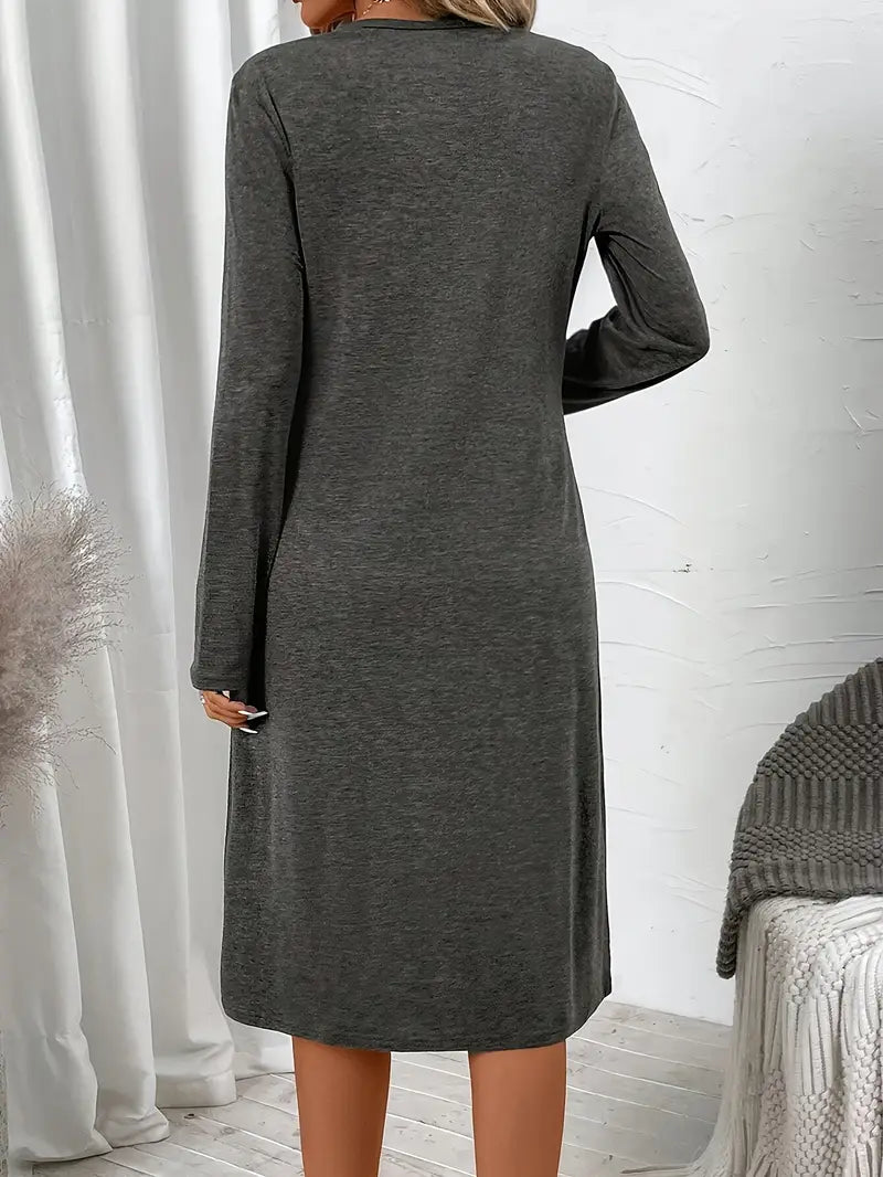 Elegantes Midi-Kleid – Langarm, V-Ausschnitt, Mit Taschen