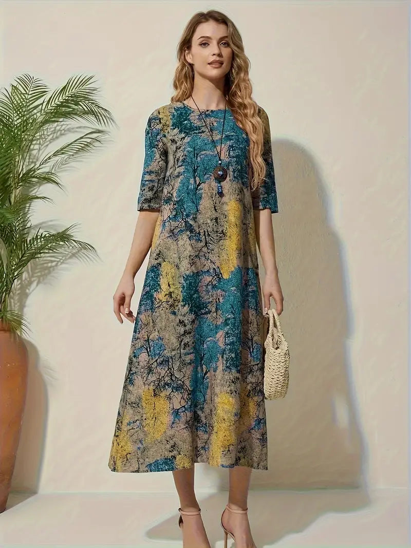 Ethnisches Kleid mit Blumendruck und Rundhalsausschnitt