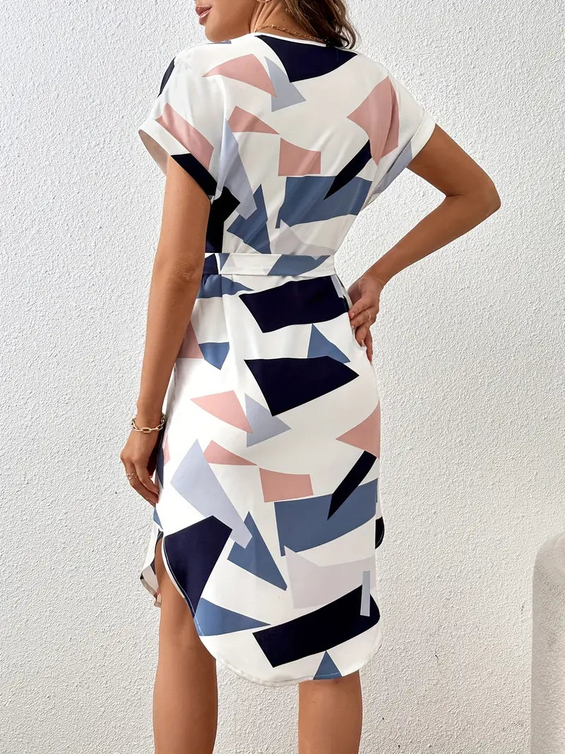 Geometrisches Kleid mit kontrastierendem Gürtel