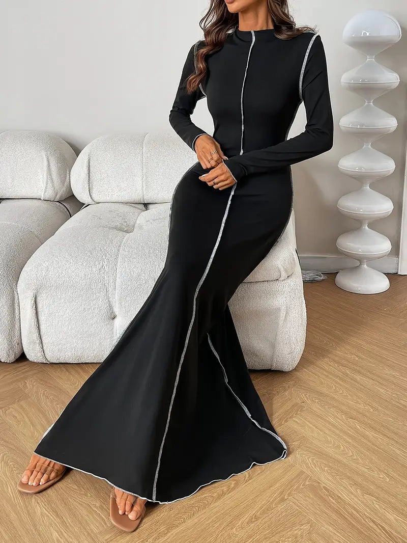 Langarm Kleid mit Stehkragen, Farbblock Design, für Herbst/Winter