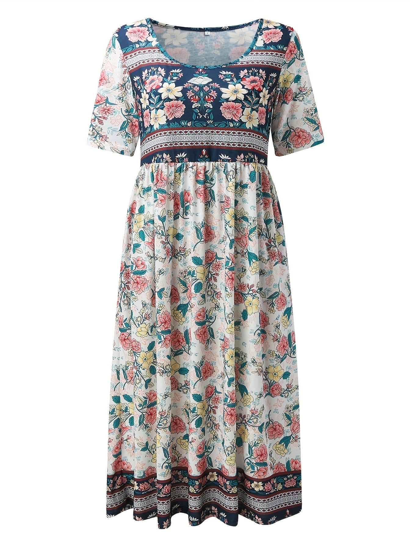 Vintage Blumenprint Kleid  Boho Hohe Taille Kurzarm Sommerkleid für Damen