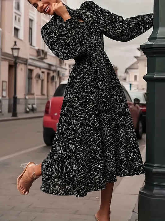 Elegantes Midikleid mit Laternenärmeln und Polka Dot