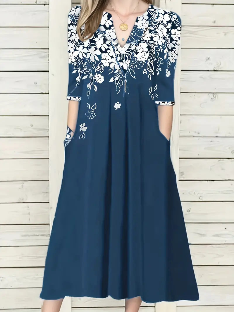 Lässiges Kleid mit V-Ausschnitt und Blumenmuster und halben Ärmeln
