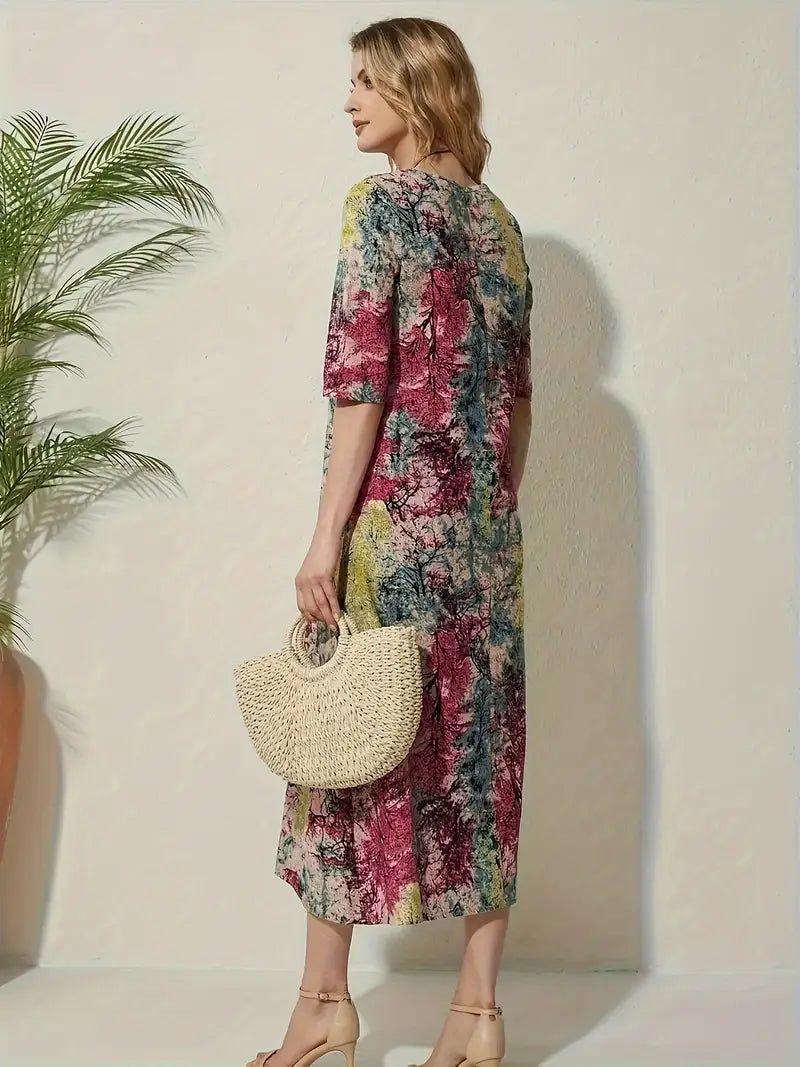 Ethnisches Kleid mit Blumendruck und Rundhalsausschnitt