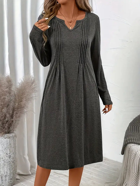 Elegantes Midi-Kleid – Langarm, V-Ausschnitt, Mit Taschen