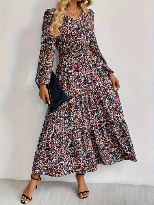 Elegantes Blumenkleid mit V-Ausschnitt – Langarm, Hoher Taillen-A-Linie