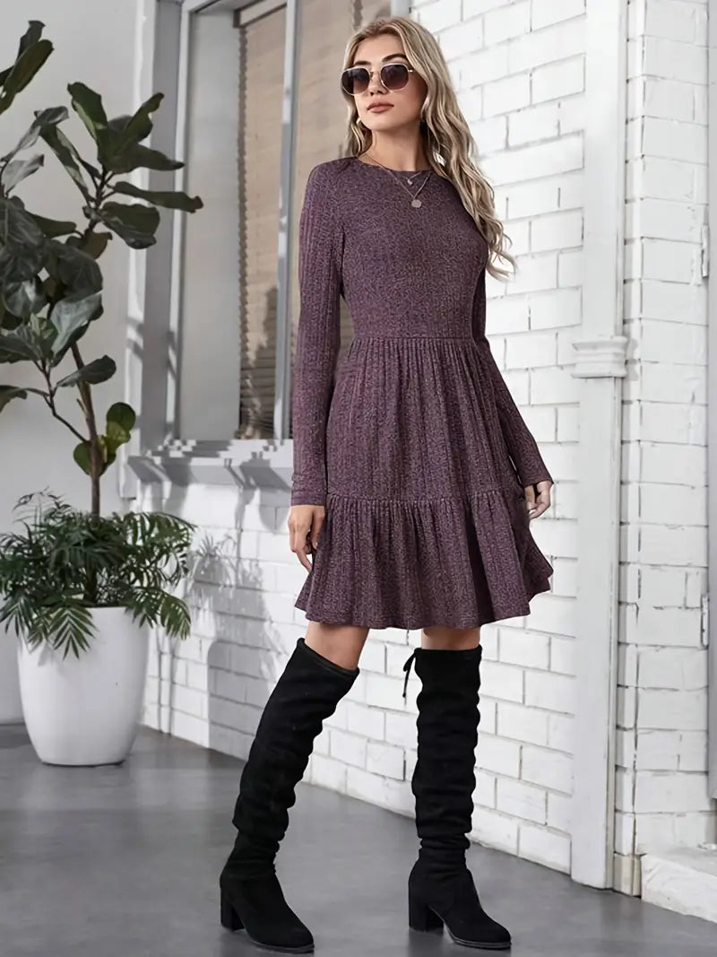 Elegantes Graues Strickkleid mit Runder Hals – Langarm, A-Linie