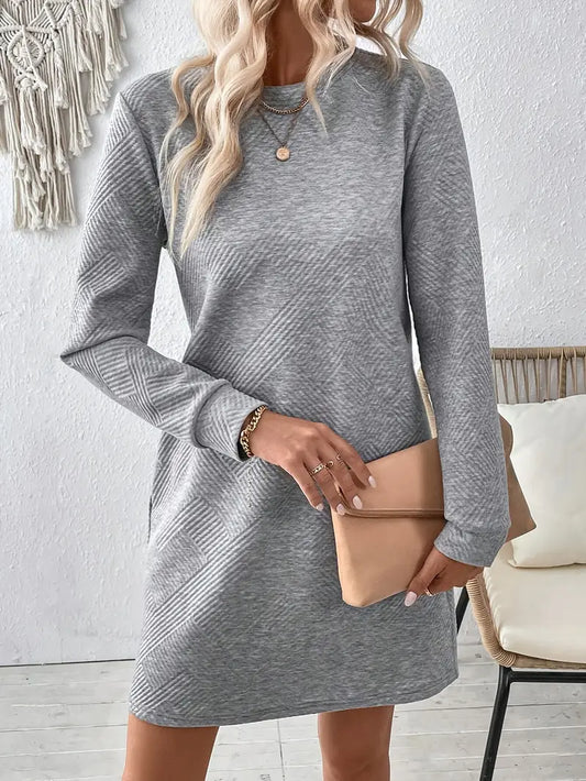 Elegantes A-Linien-Kleid – Langarm, Crew-Neck, Unifarben