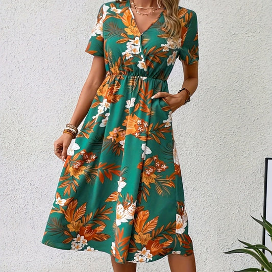 Kleid mit Blumenmuster und gerafftem Ausschnitt Elegantes Kleid mit gerafften Ärmeln