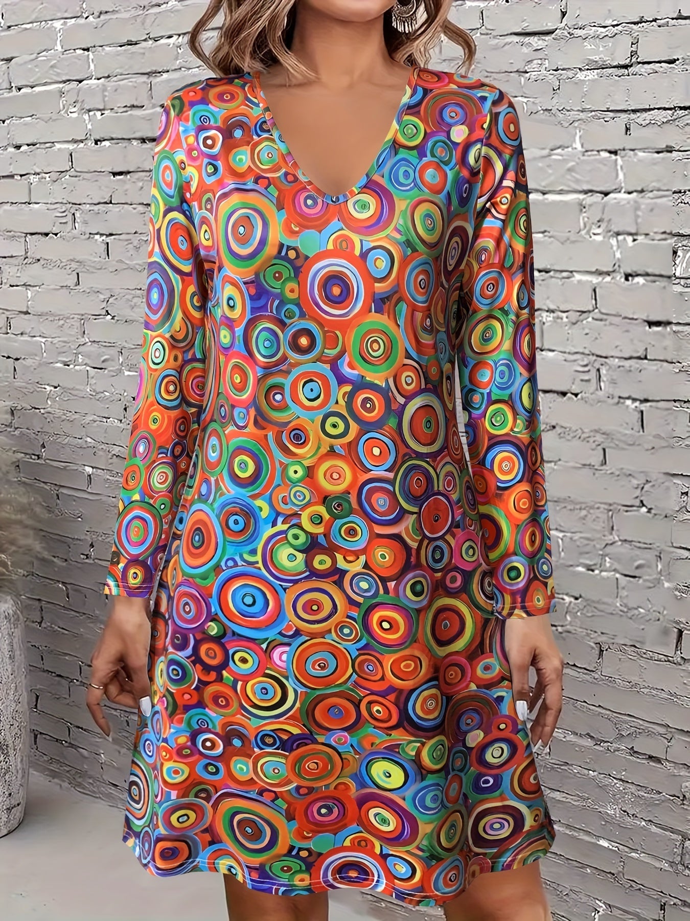 Lässiges Farbiges Kleid – V-Ausschnitt, Langarm, Locker & Bequem für Frühling