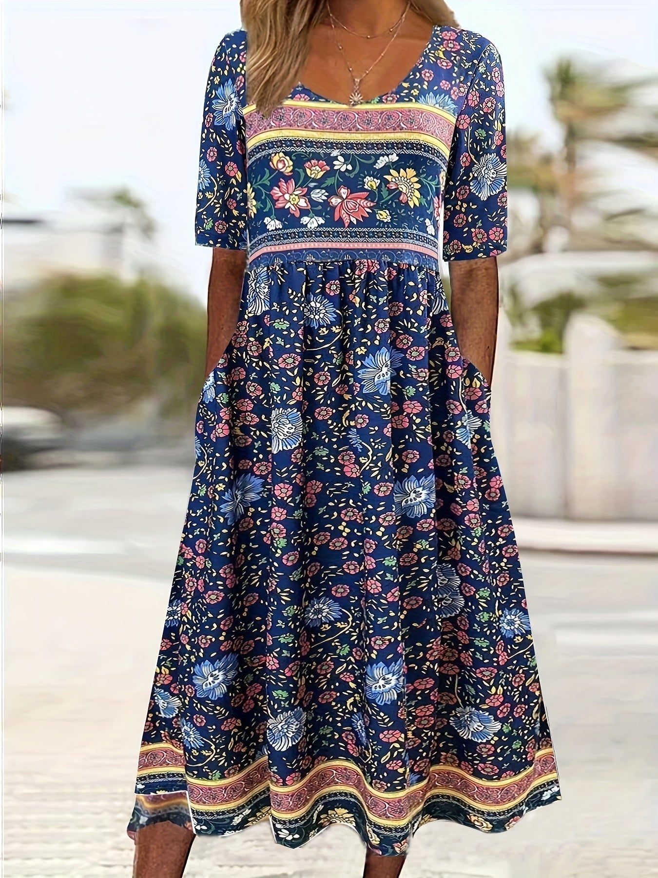 Vintage Blumenprint Kleid  Boho Hohe Taille Kurzarm Sommerkleid für Damen