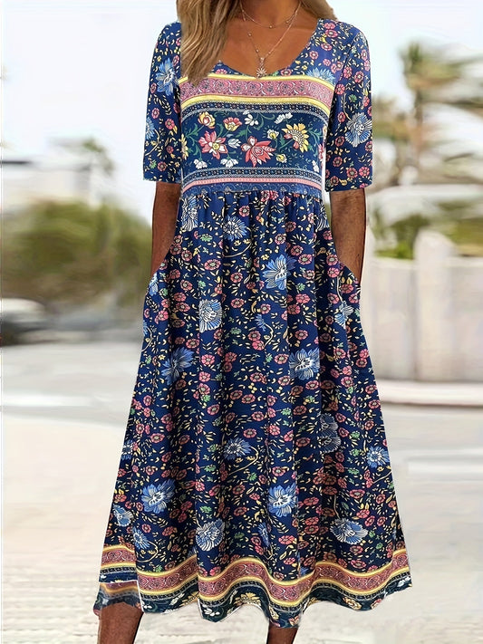 Vintage Blumenprint Kleid  Boho Hohe Taille Kurzarm Sommerkleid für Damen