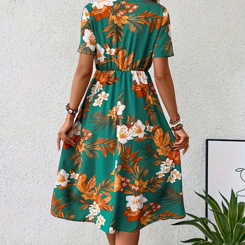 Kleid mit Blumenmuster und gerafftem Ausschnitt Elegantes Kleid mit gerafften Ärmeln