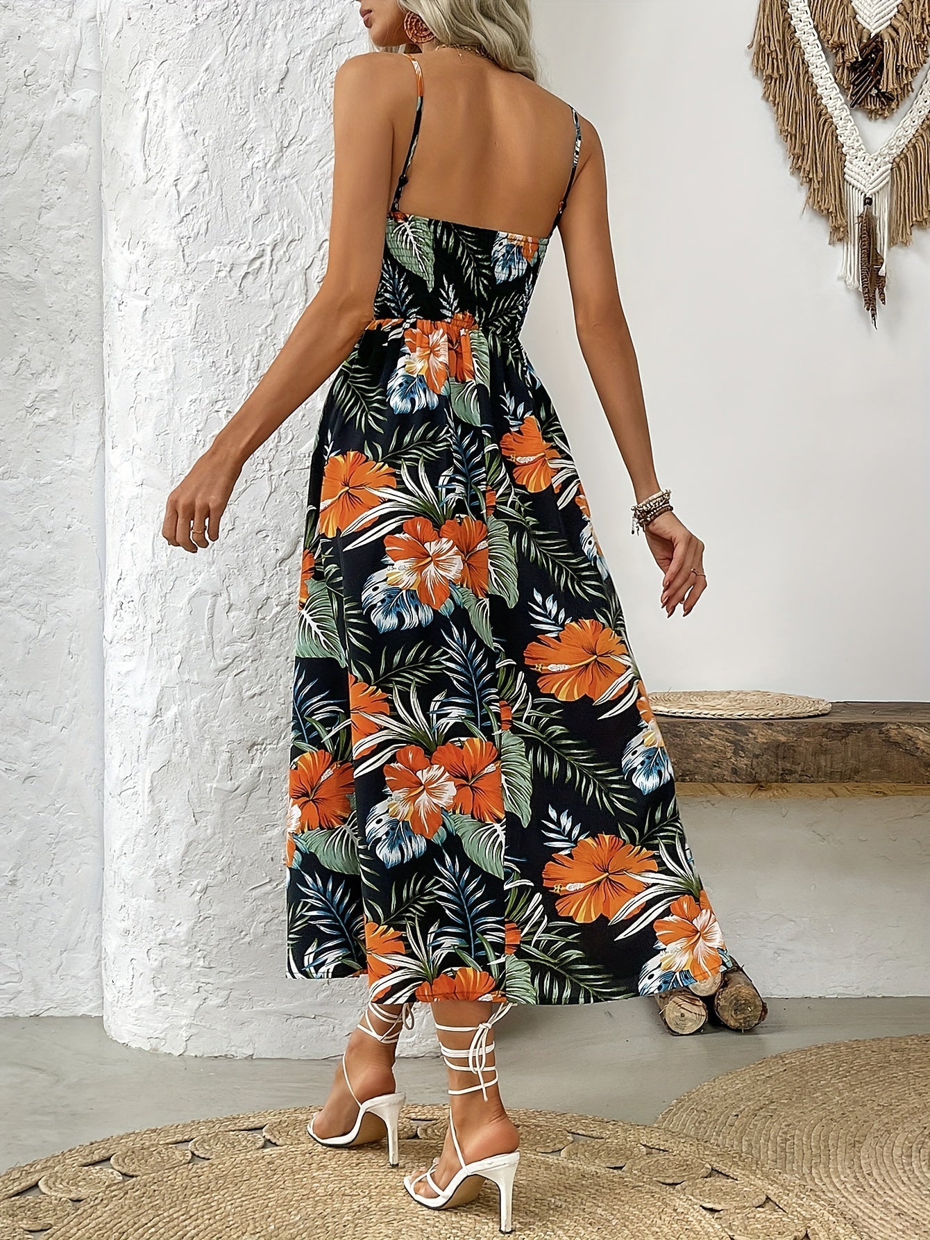 Maxikleid Elegantes Trägerkleid mit Print & Schlitz Langes Urlaubskleid Schwarz
