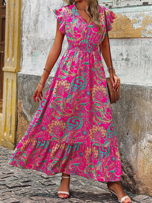 Rosa Midikleid für Damen mit V-Ausschnitt und Paisleymuster