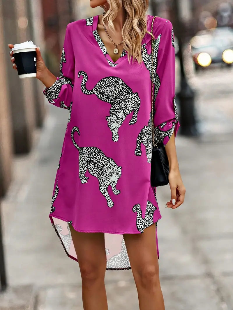 Elegantes Animal Print Kleid für Damen, V-Ausschnitt