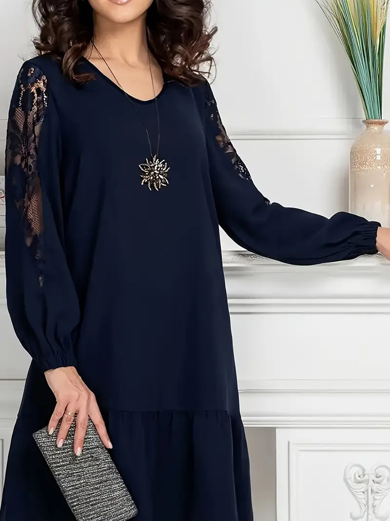 Midi-Kleid mit Stehkragen, Langarm, A-Linie – Solide Farben