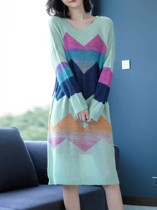 Elegantes Strick-Midikleid aus Baumwolle – Farbblock-Design für Damen