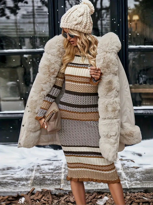 Gestreiftes Strickkleid aus Baumwolle – Langarm, Rüschensaum, Rundhals