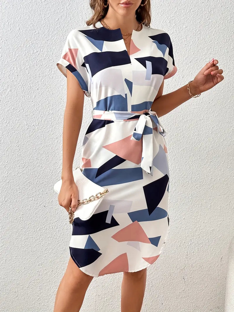 Geometrisches Kleid mit kontrastierendem Gürtel