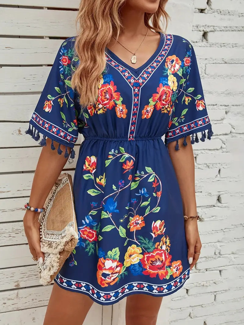 Elegantes Tassel Blumenmuster V-Ausschnitt Kleid für Damen