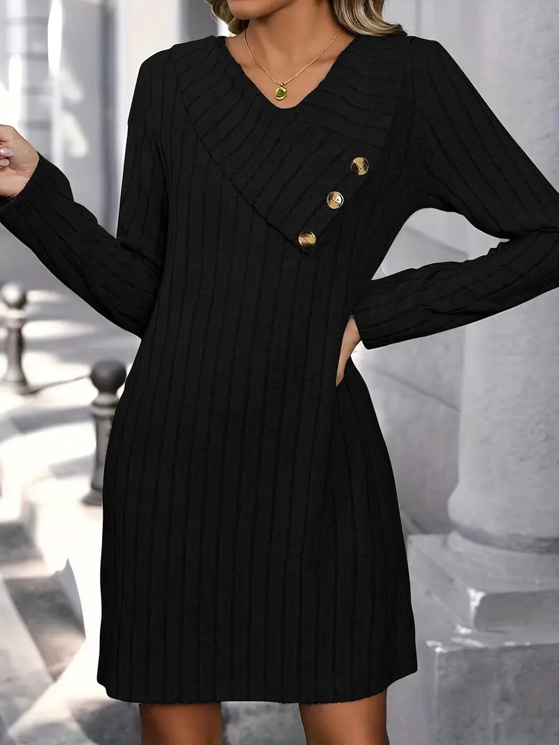 Lässiges Strickkleid mit V-Ausschnitt und Rippstrick für den Winter