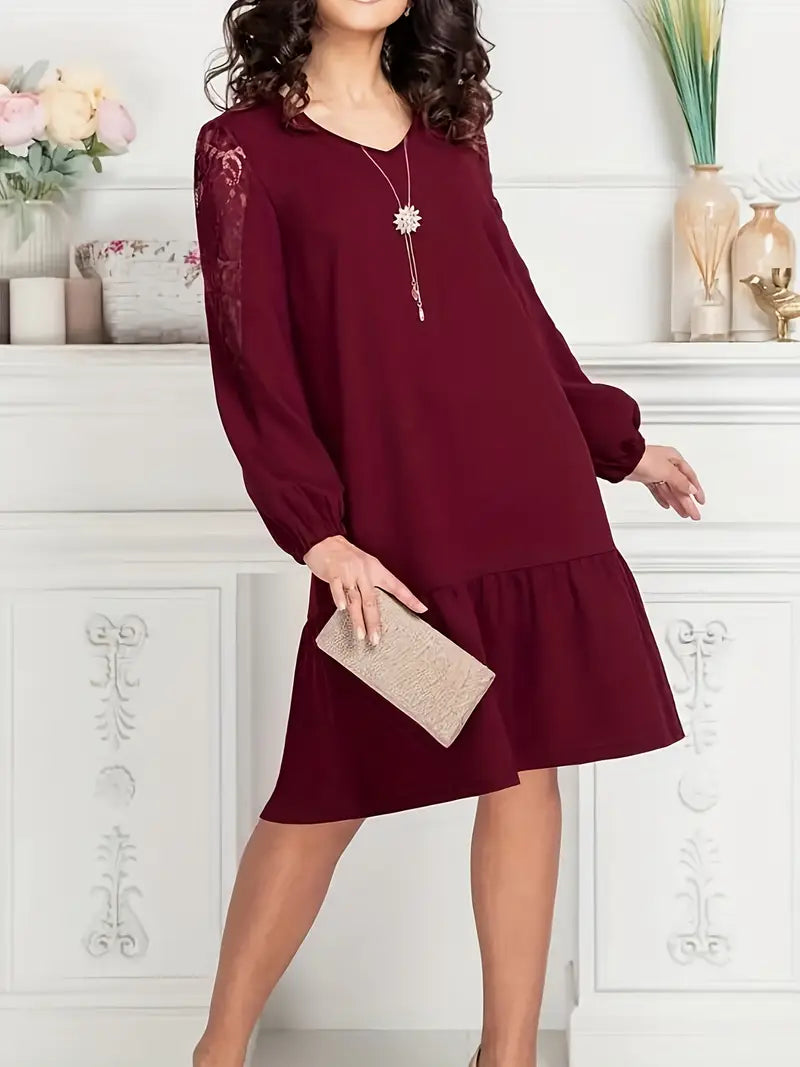 Midi-Kleid mit Stehkragen, Langarm, A-Linie – Solide Farben