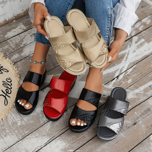 Keilabsatz Pailletten Sandalen Bequeme Sommerschuhe