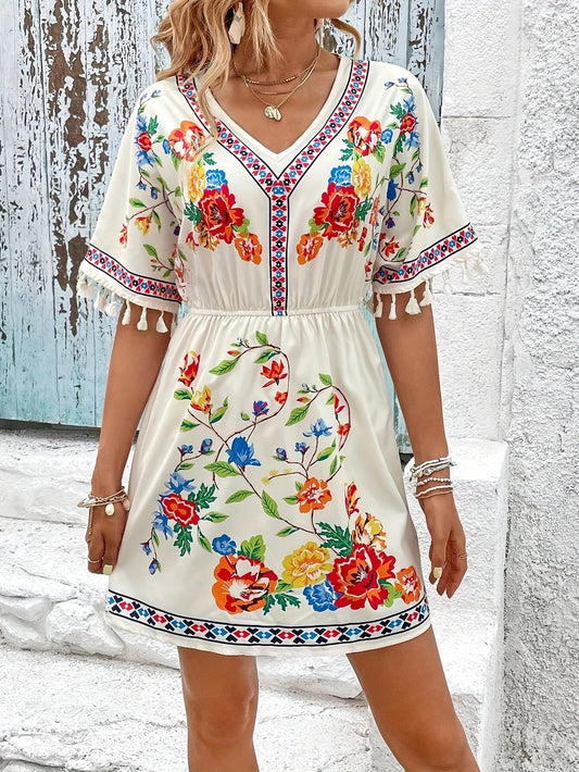 Elegantes Tassel Blumenmuster V-Ausschnitt Kleid für Damen
