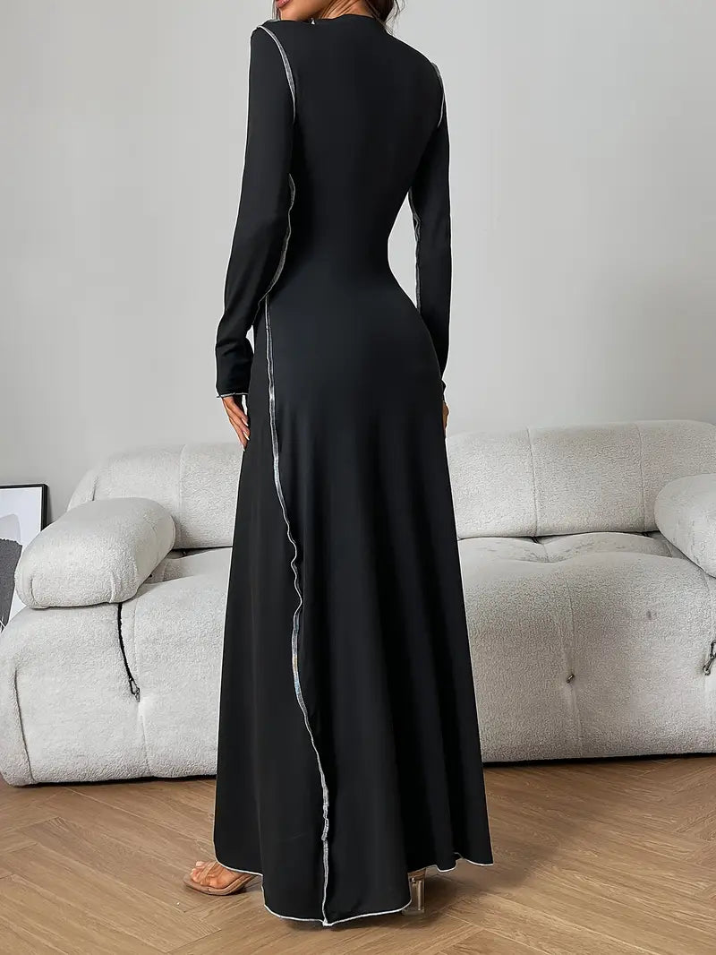 Langarm Kleid mit Stehkragen, Farbblock Design, für Herbst/Winter