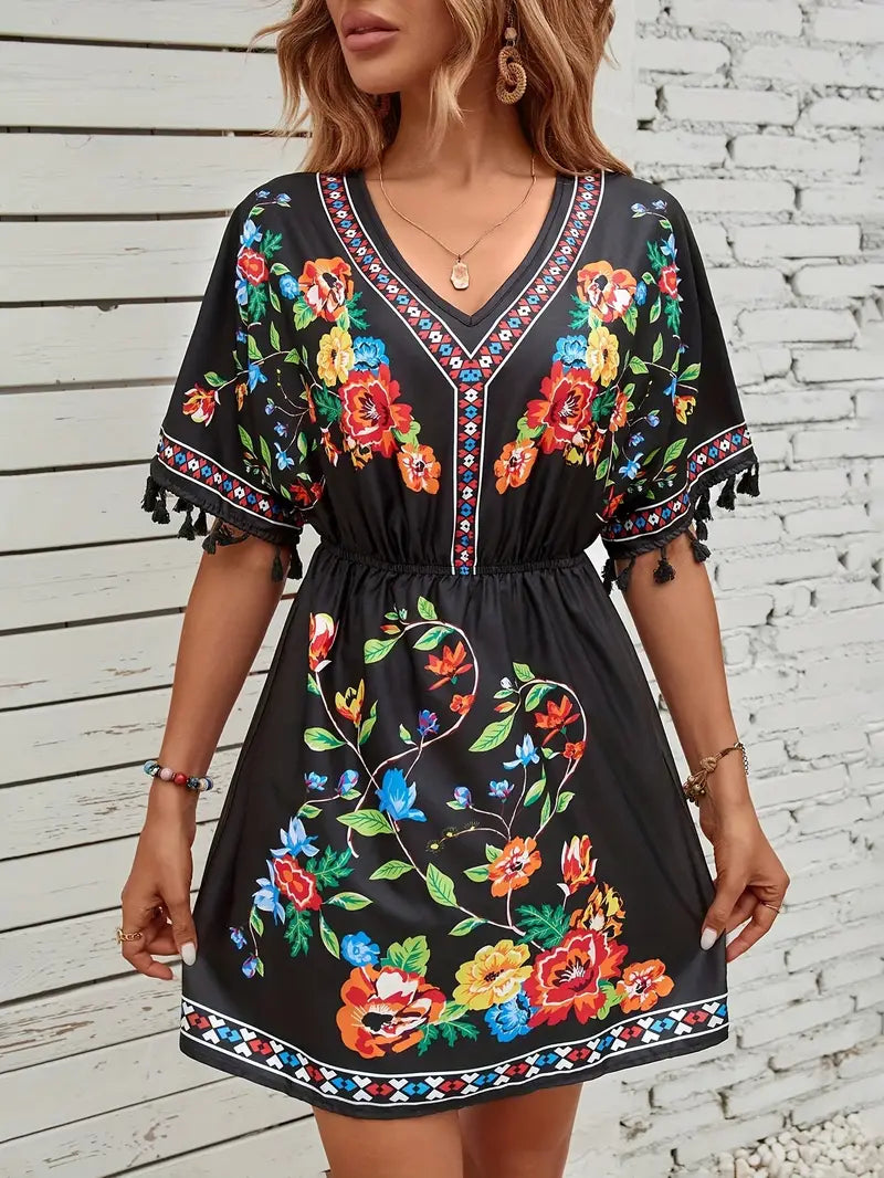 Elegantes Tassel Blumenmuster V-Ausschnitt Kleid für Damen