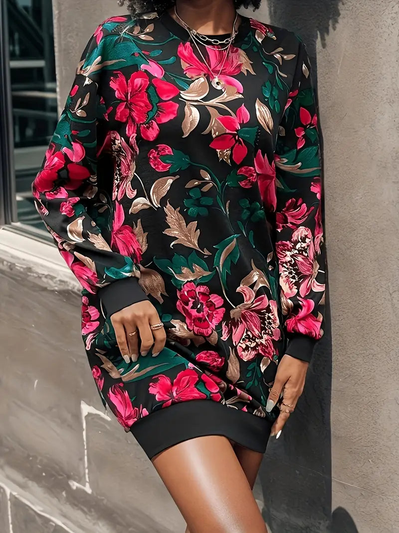 Langärmeliges Kleid mit Blumenmuster und Boho-Ausschnitt im Vintage-Look,