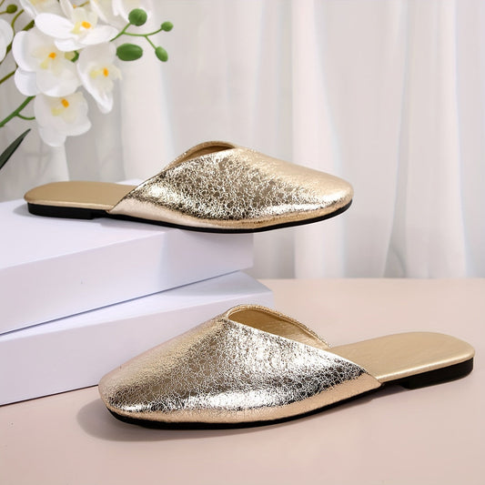 Damen Retro-Flache Mules, Goldene Slip-On Loafer mit Gummisohle