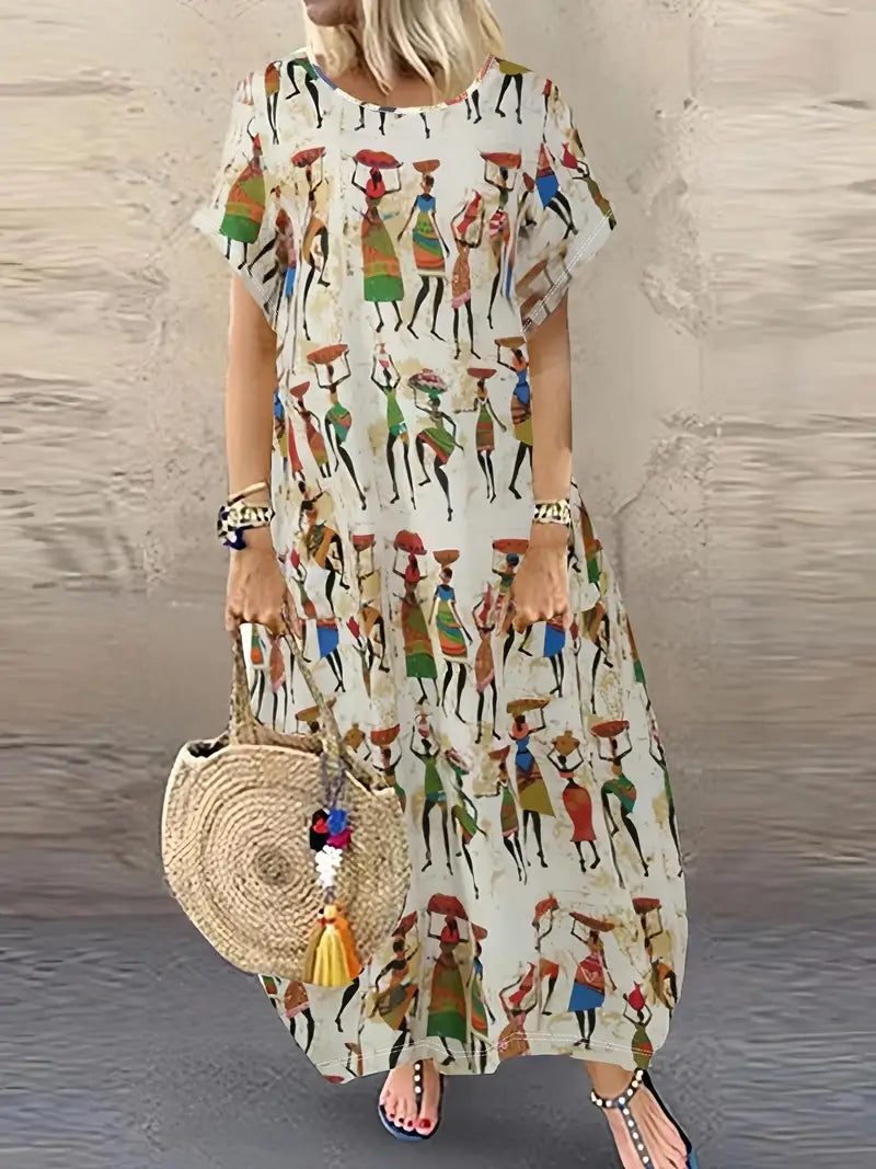 Kurzärmliges Kleid mit Allover-Print und Taschen