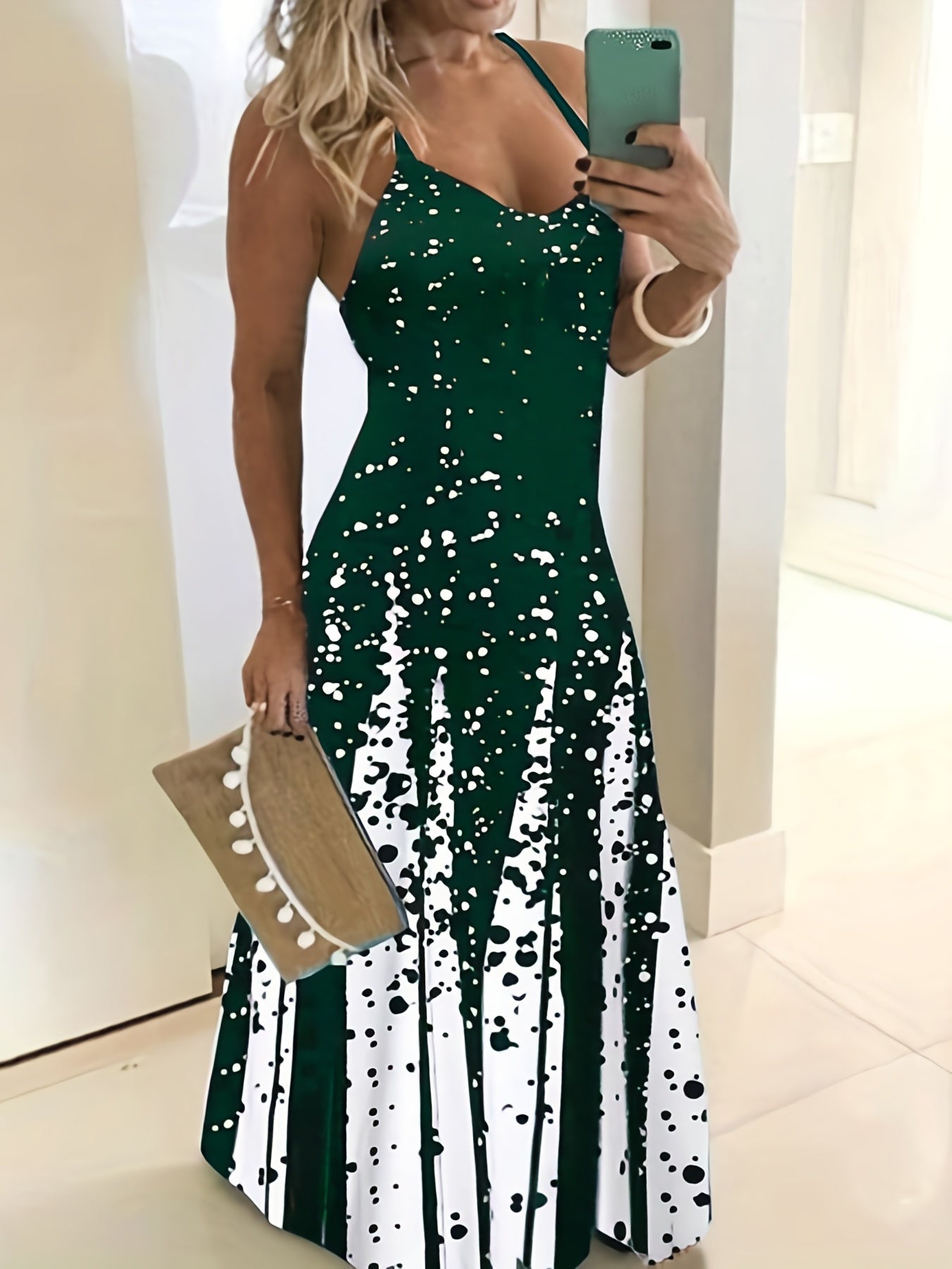 Farbblock Maxi Kleid – Ärmelloses V-Ausschnitt Sommerkleid