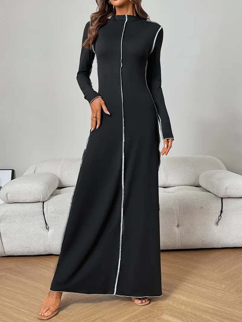 Langarm Kleid mit Stehkragen, Farbblock Design, für Herbst/Winter