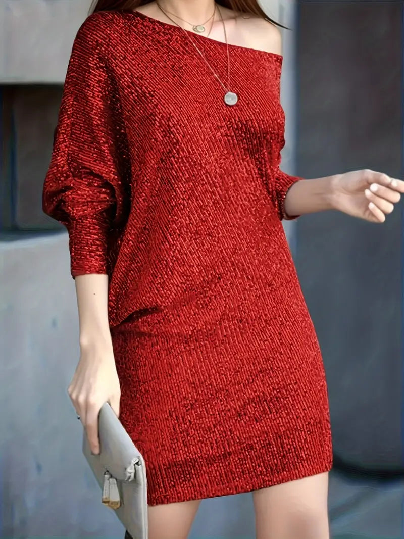 Festes Partykleid mit Pailletten und V-Ausschnitt und langen Ärmeln