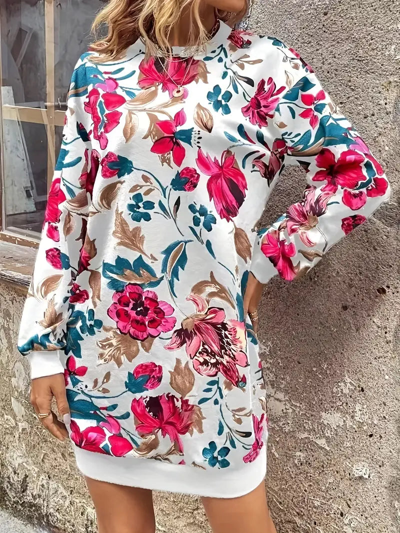 Langärmeliges Kleid mit Blumenmuster und Boho-Ausschnitt im Vintage-Look,