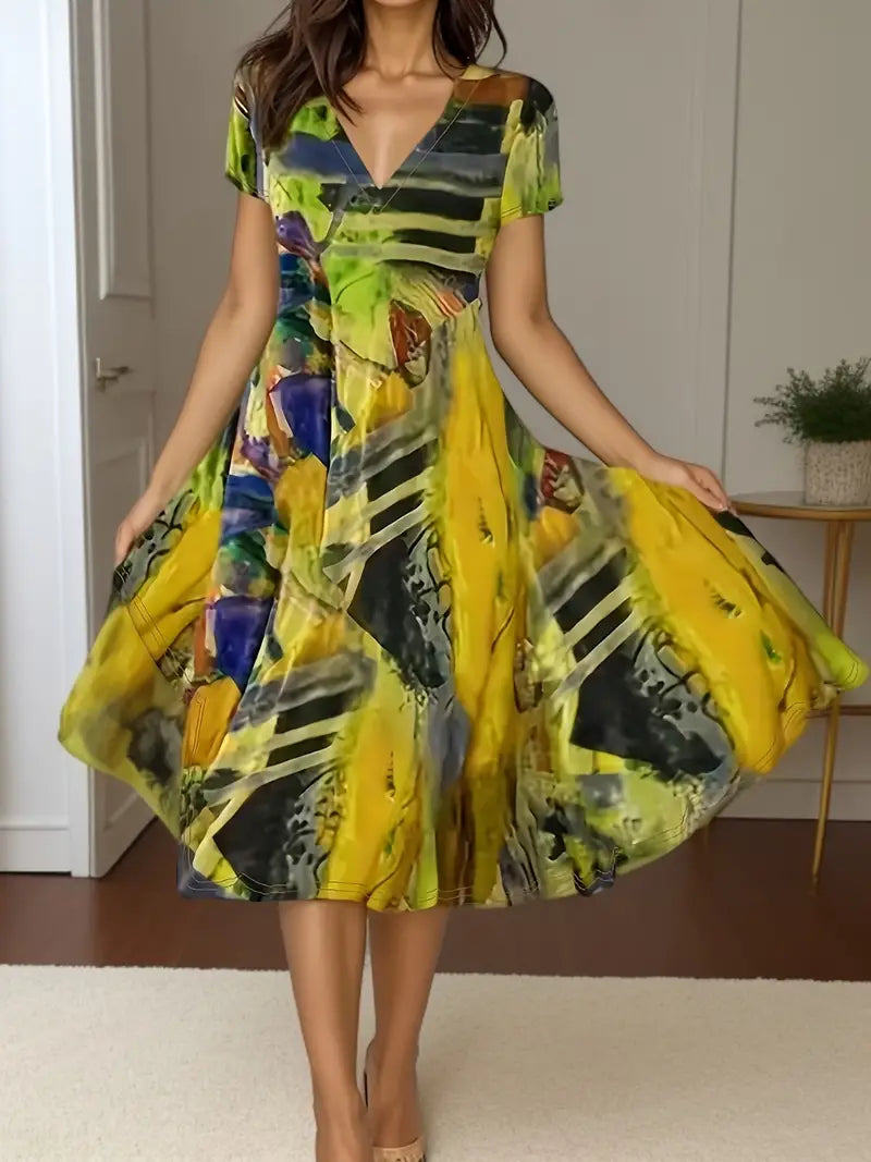 Mitzi - Böhmisches, lässiges, kurzärmliges Kleid mit V-Ausschnitt