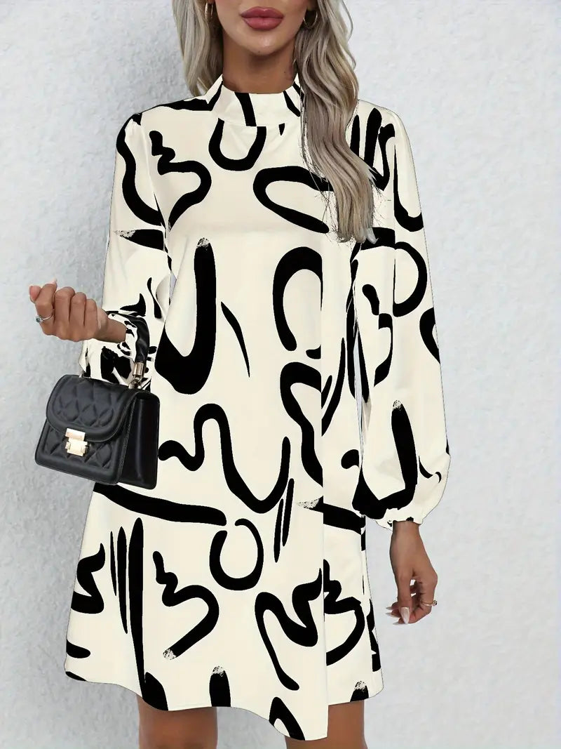Elegantes Langarmkleid mit Abstraktem Print, Winter & Herbst