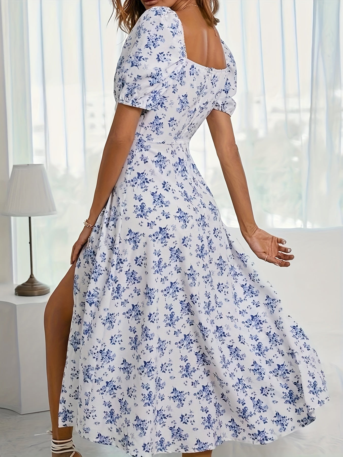 Kleid mit geblümten Puffärmeln in A-Linie Chic Split Hem für Frühling & Sommer