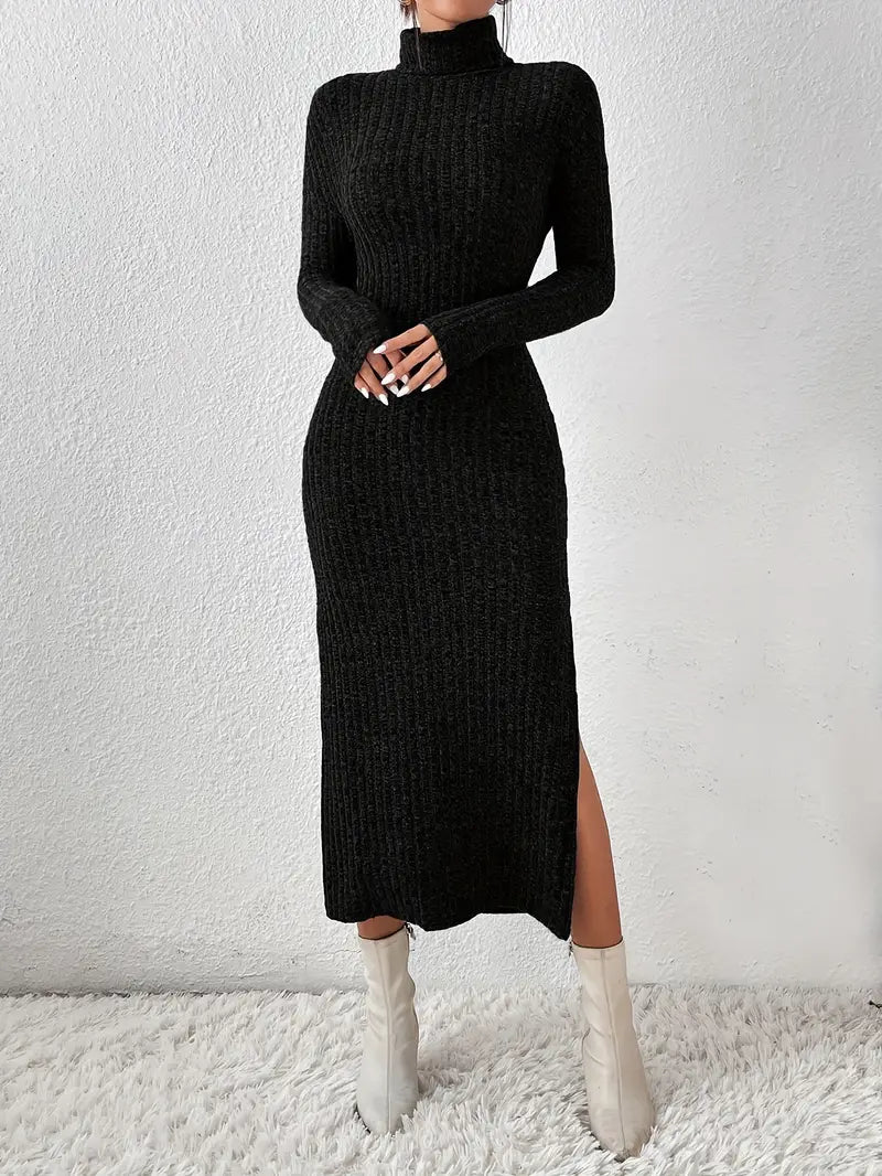 Elegantes Langarm Shift Kleid mit Turtle Neck & Schlitzsaum