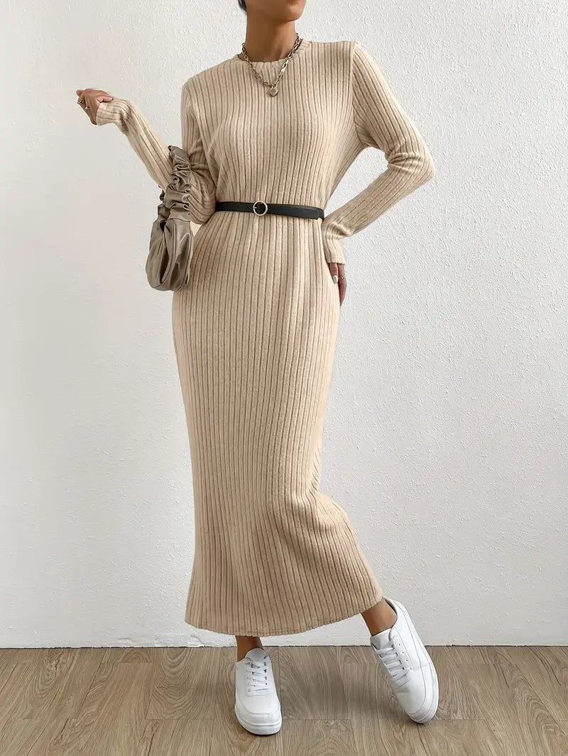 Langarm Maxi Kleid – Einfarbig, Elegantes Crewneck Design