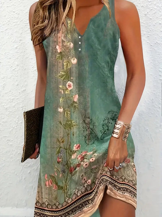 Carilis - Ärmelloses Vintage-Kleid mit gekerbtem Ausschnitt und Blumendruck