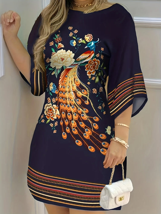 Peacock Blumenprint Kleid Damen – Boho Halbarm, Frühling & Sommer