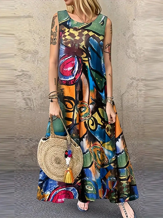 Grafikdruck V-Ausschnitt Maxi Boho ärmelloses Tank-Kleid