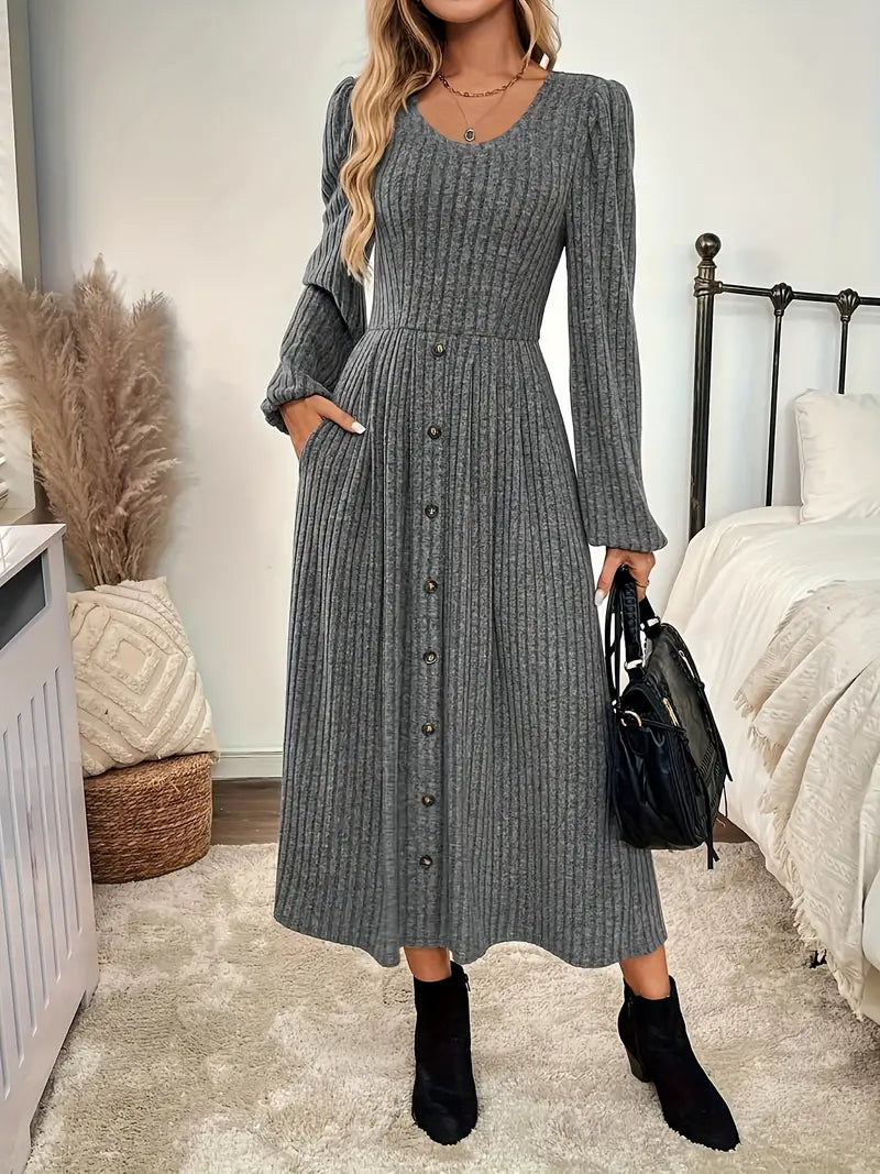 Elegantes A-Linien Strickkleid für Frauen – Stretch Fit mit Fake Knöpfen