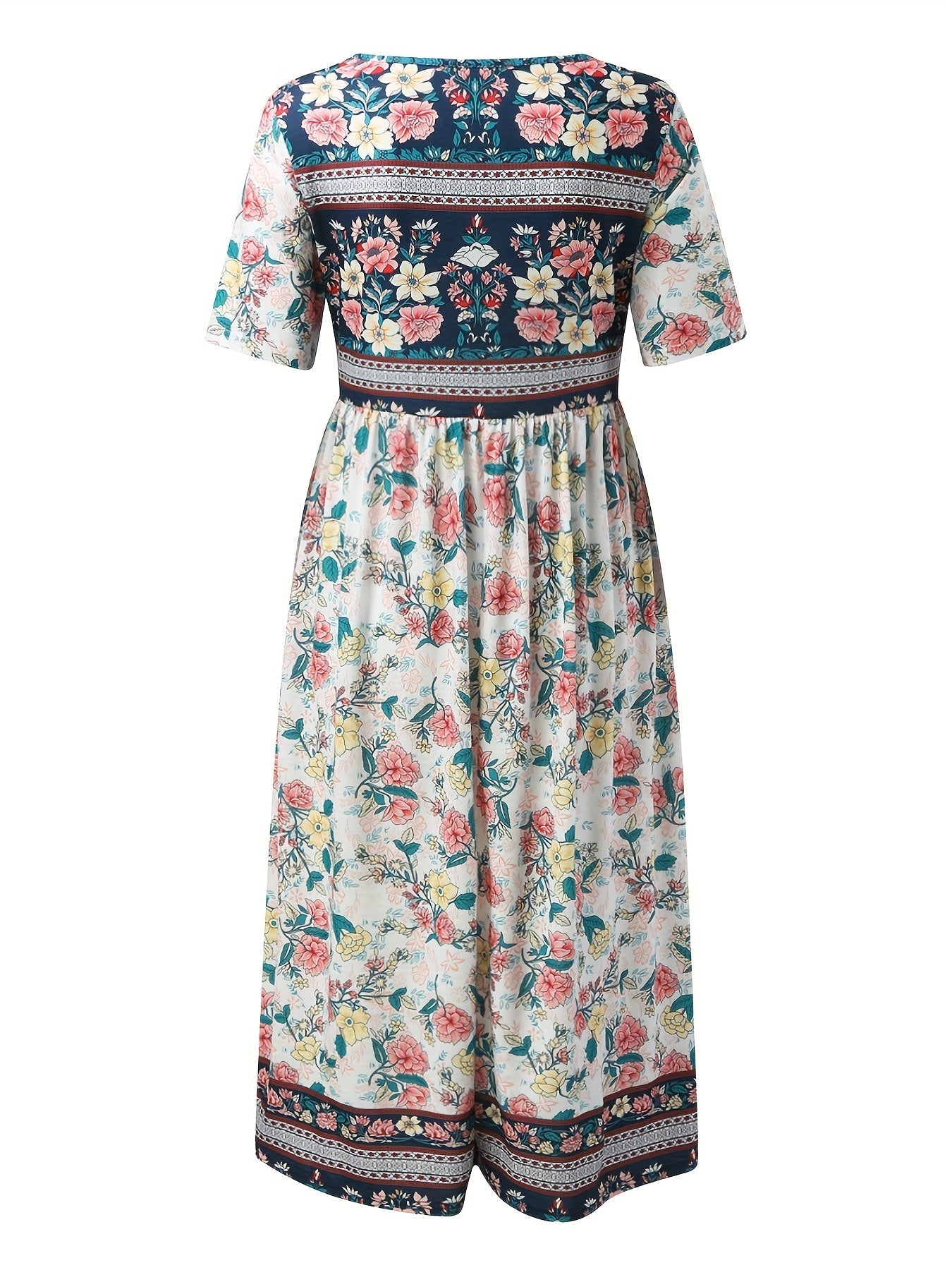 Vintage Blumenprint Kleid  Boho Hohe Taille Kurzarm Sommerkleid für Damen