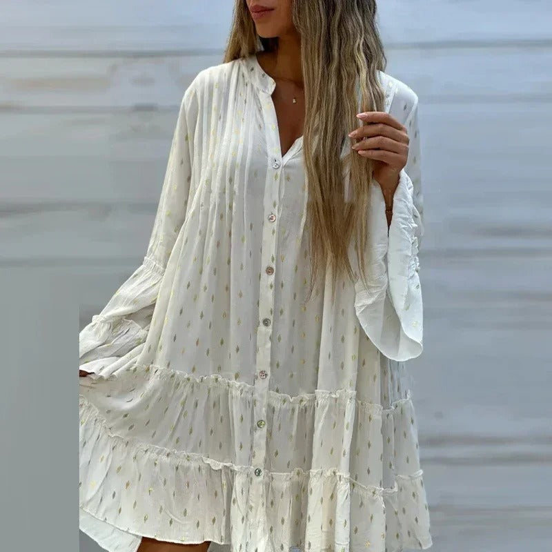 Marie - Damen lässige Kleider mit Rüschen und Patchwork im V-Ausschnitt und lockerem Schnitt