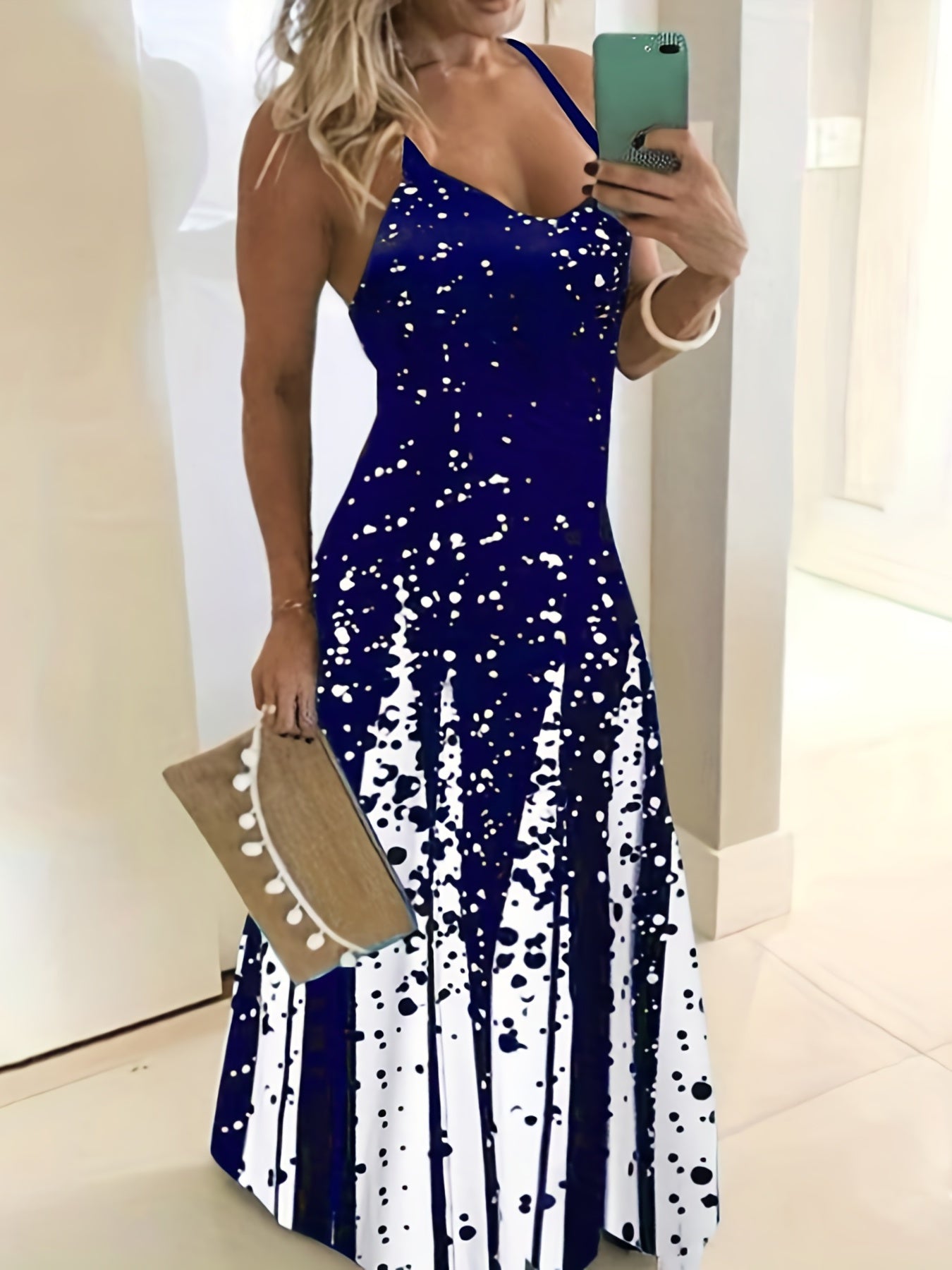 Farbblock Maxi Kleid – Ärmelloses V-Ausschnitt Sommerkleid